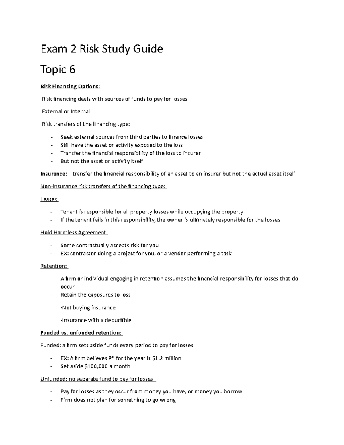Exam 2 Risk Study Guide RMI - Exam 2 Risk Study Guide Topic 6 Risk ...