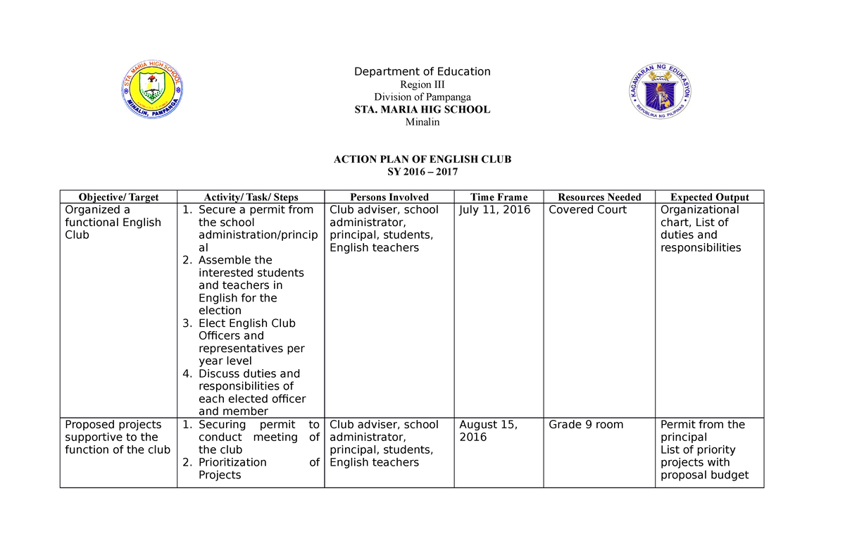 Action PLAN OF English CLUB - Department of Education Region III ...