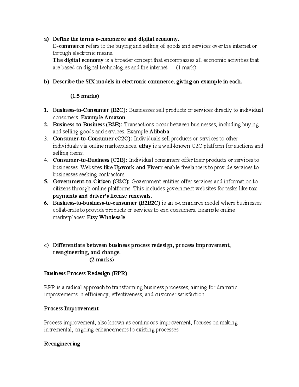 CAT 1 E Commerce a) Define the terms and digital economy