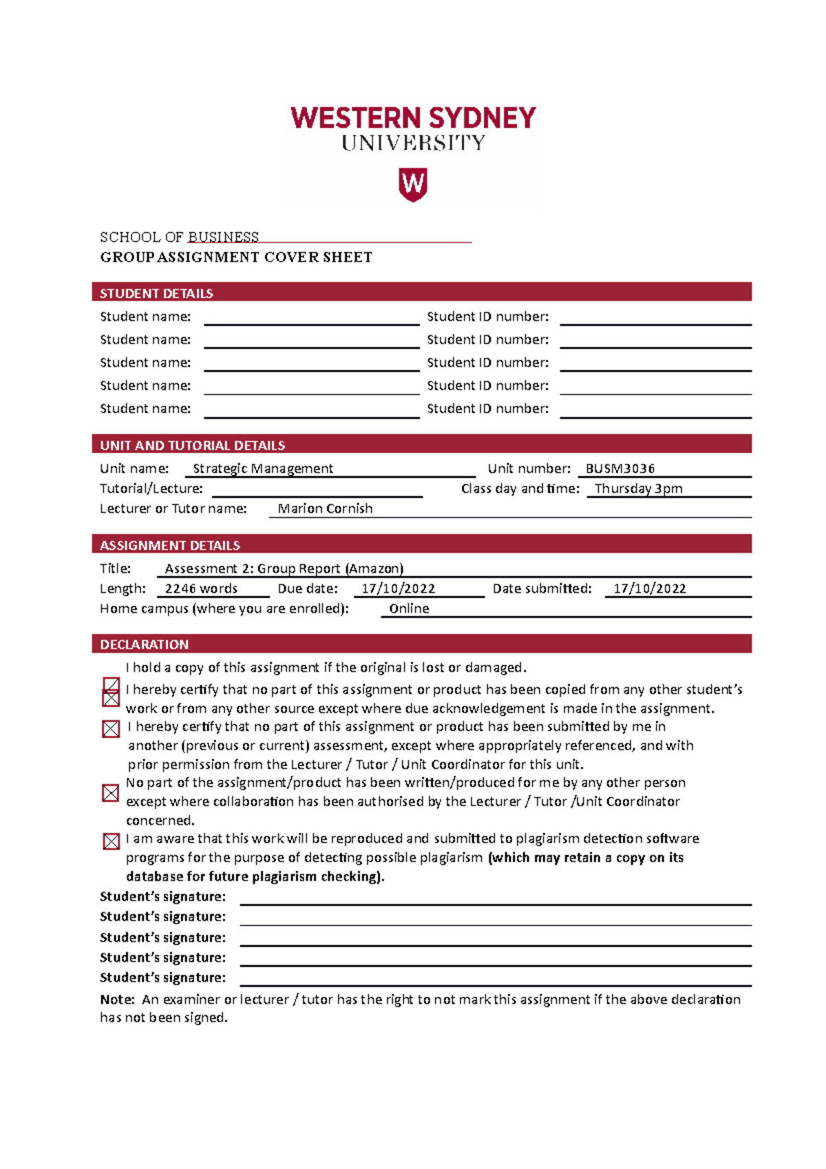 Assessment 2 Group Report Final - SCHOOL OF BUSINESS GROUP ASSIGNMENT ...