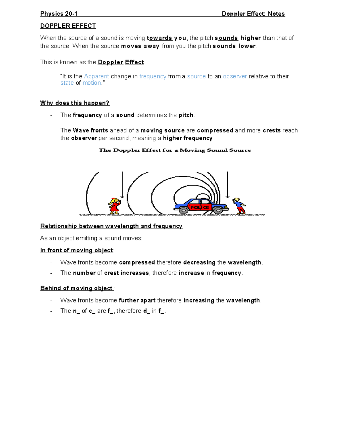 Doppler Effect Notes - Physics 20-1 Doppler Effect: Notes DOPPLER ...