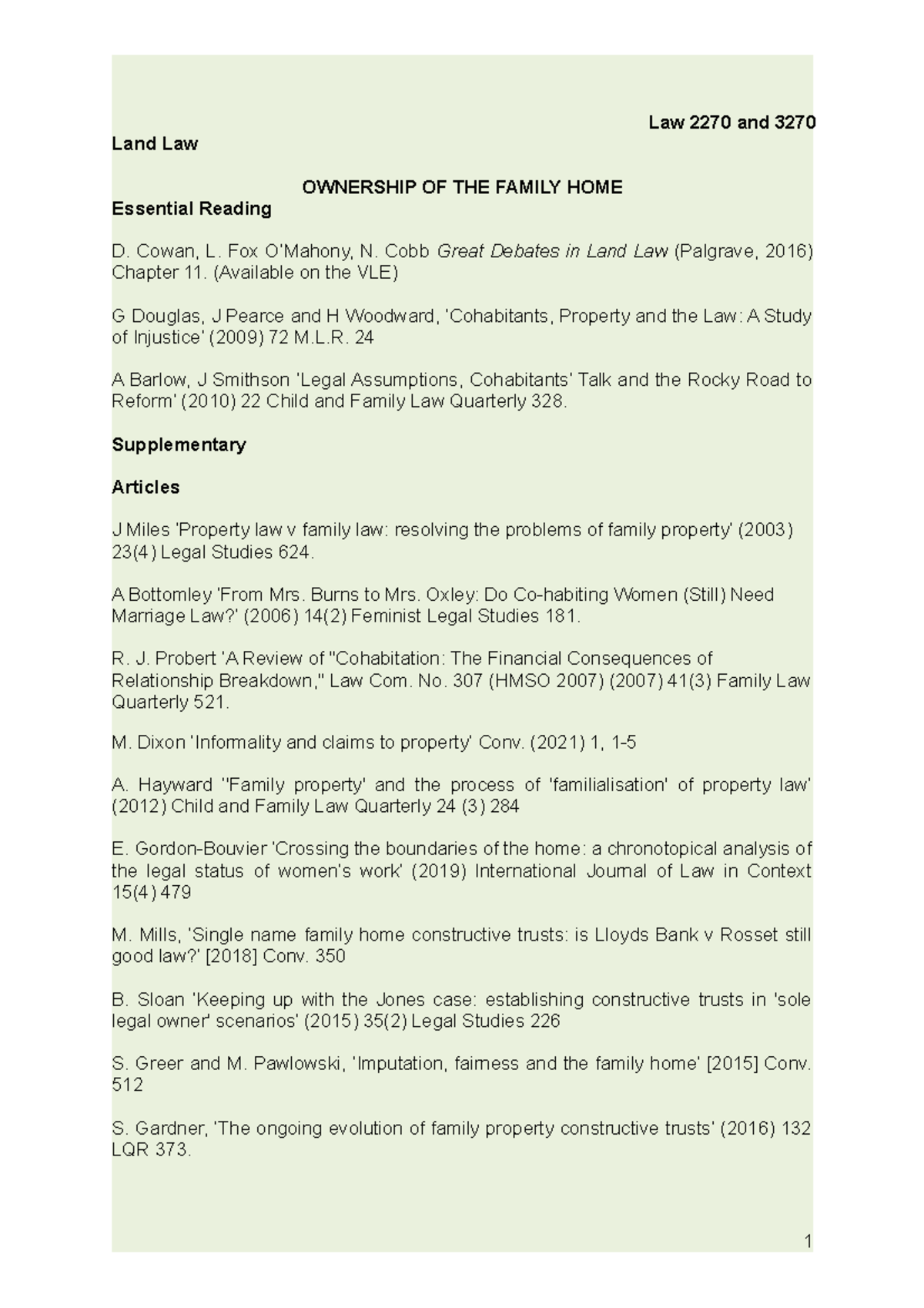 Land 2 (Family Home) - Handout (2022) - Law 2270 and 3270 Land Law ...