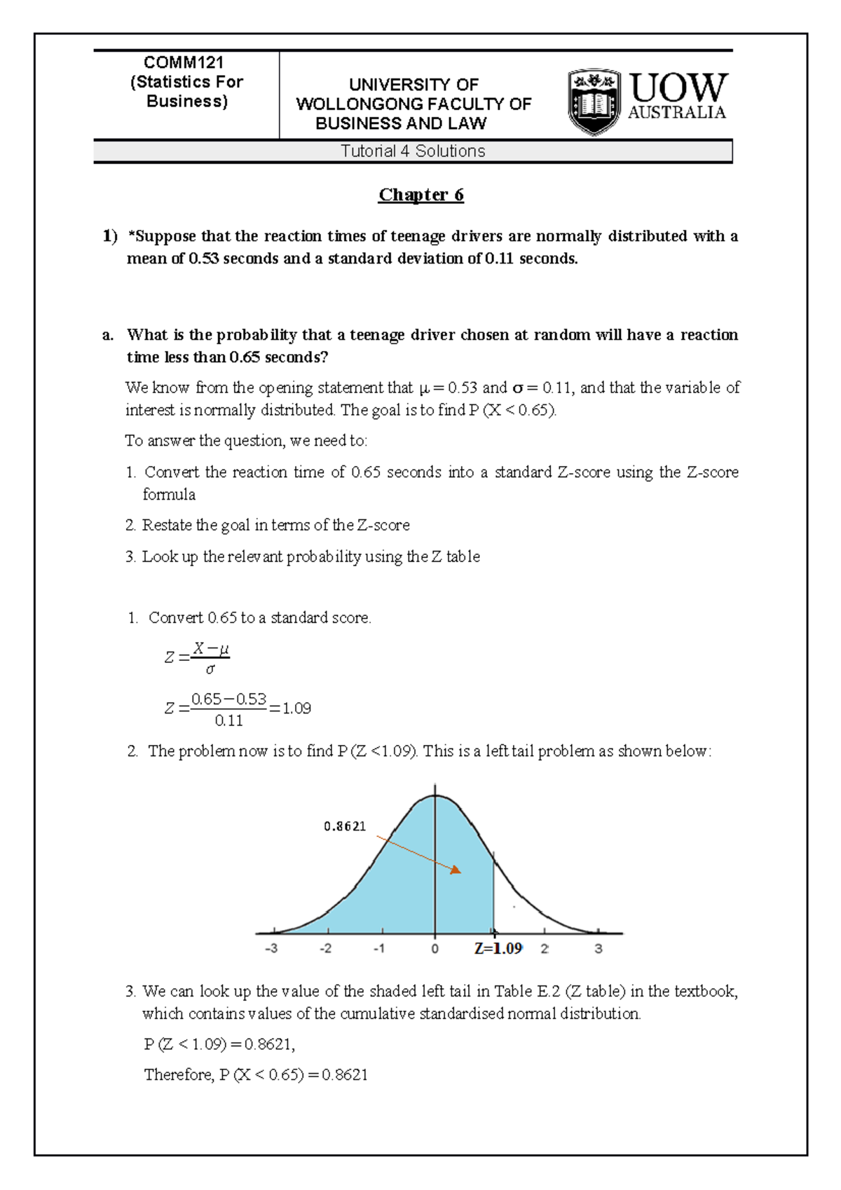 COMM121 T04 Solutions Ch 6 - COMM (Statistics For Business) UNIVERSITY ...