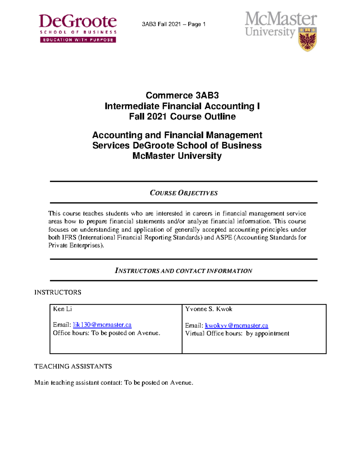Commerce 3AB3 Course outline - 3AB3 Fall 2021 – Page 1 Commerce 3AB ...