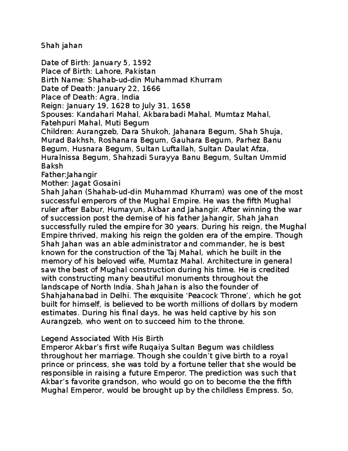 Shahjahan - A quick note on Mughal emperor shajahan - Shah jahan Date ...