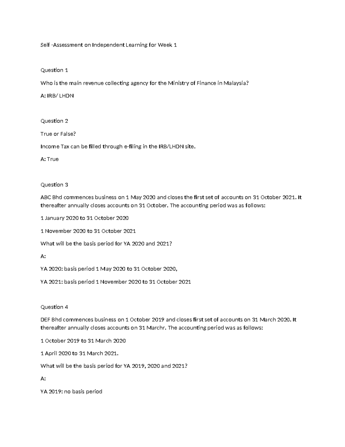 Activity 01 Quiz - Self -Assessment on Independent Learning for Week 1 ...