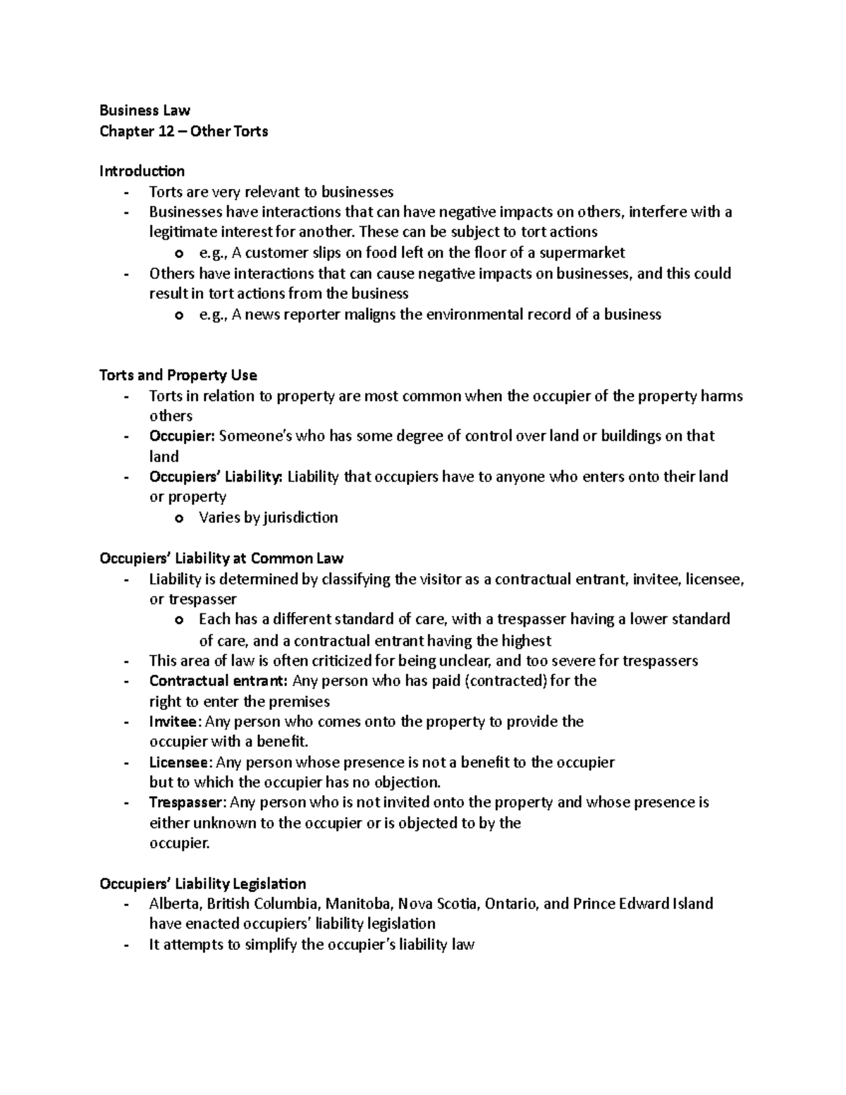 Business Law - Chapter 12 - Business Law Chapter 12 – Other Torts ...