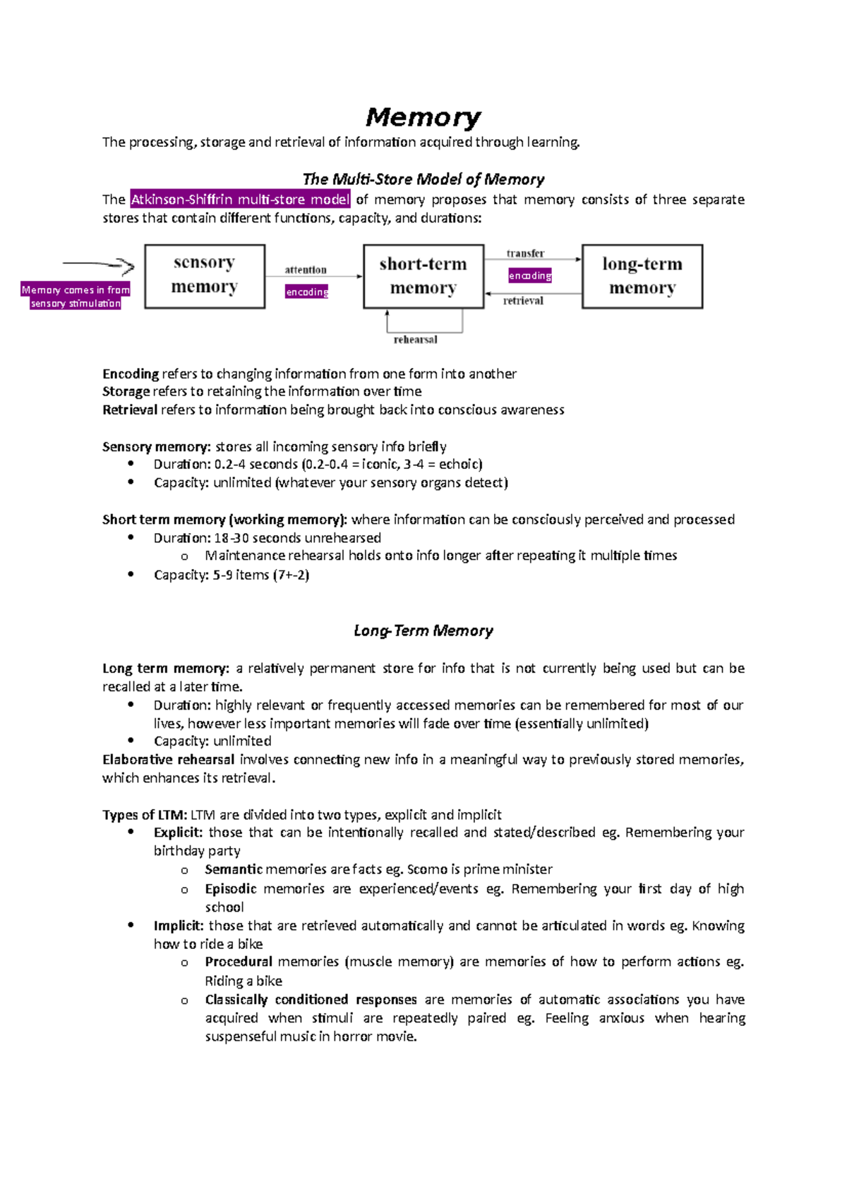 Memory - Psychology notes - Memory The processing, storage and ...