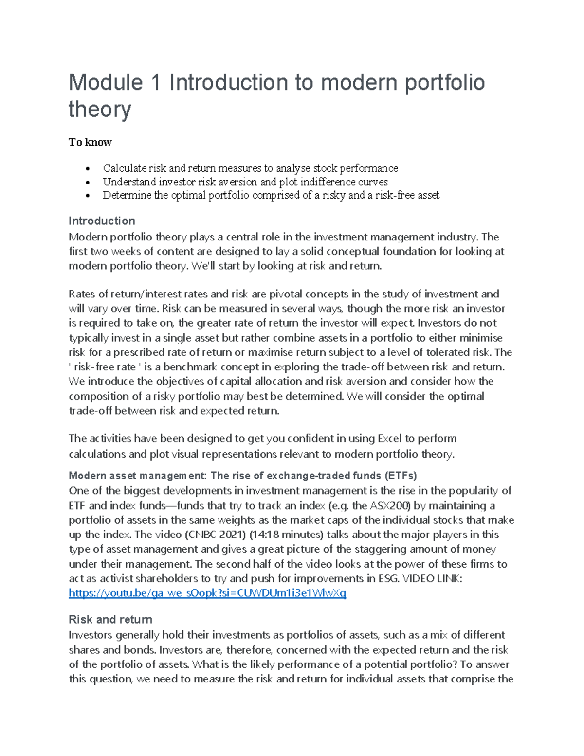 Module 1 Introduction to modern portfolio theory - The first two weeks ...