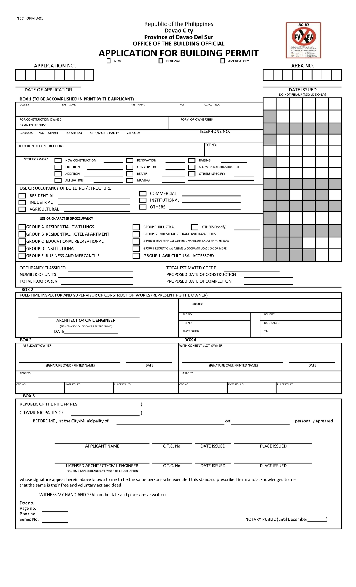 Building Permit Forms Davao City NBC FORM 8 NEW RENEWAL AMENDATORY 