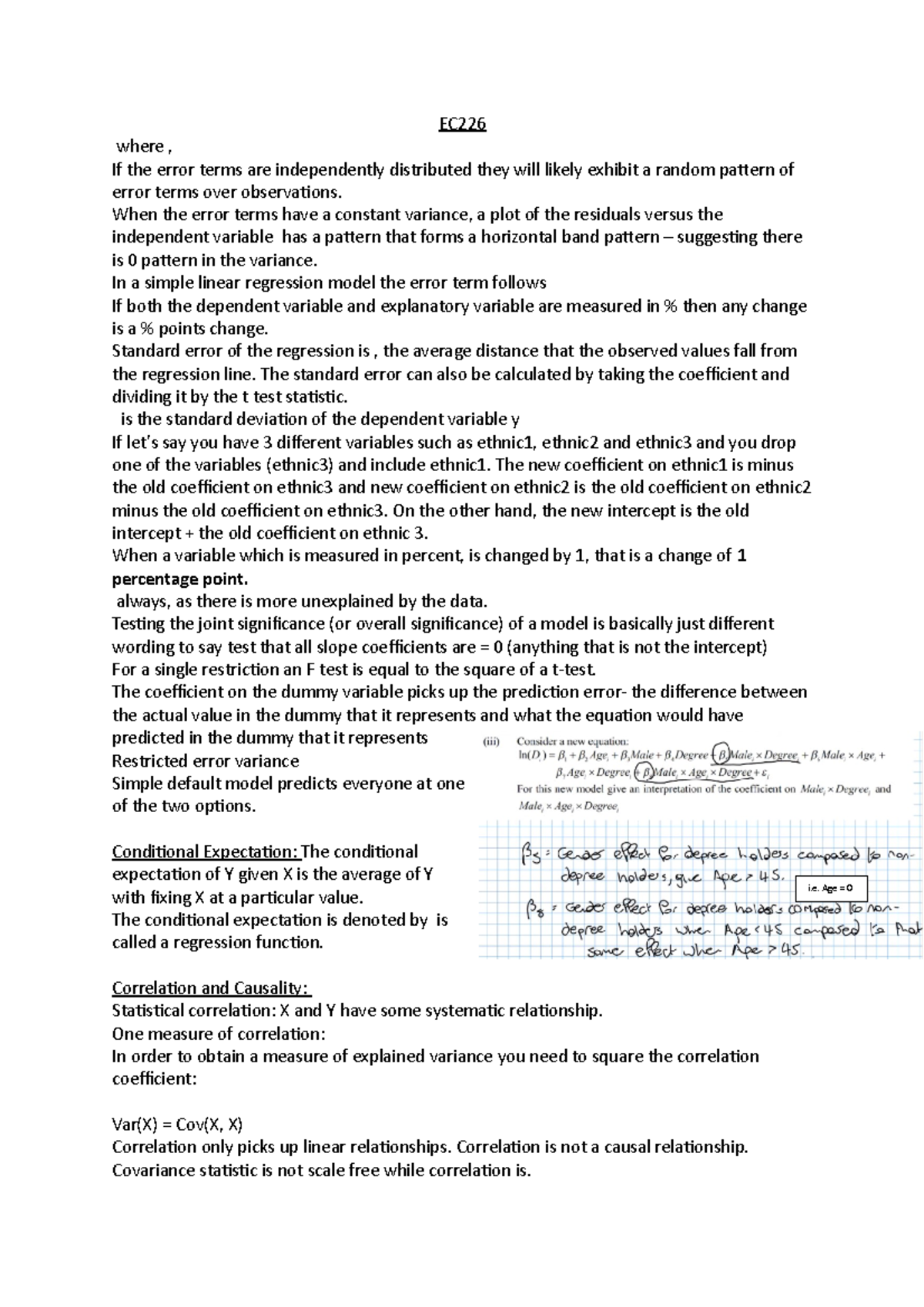 Swaz EC226 Notes - Intro to metrics - EC where , If the error terms are ...