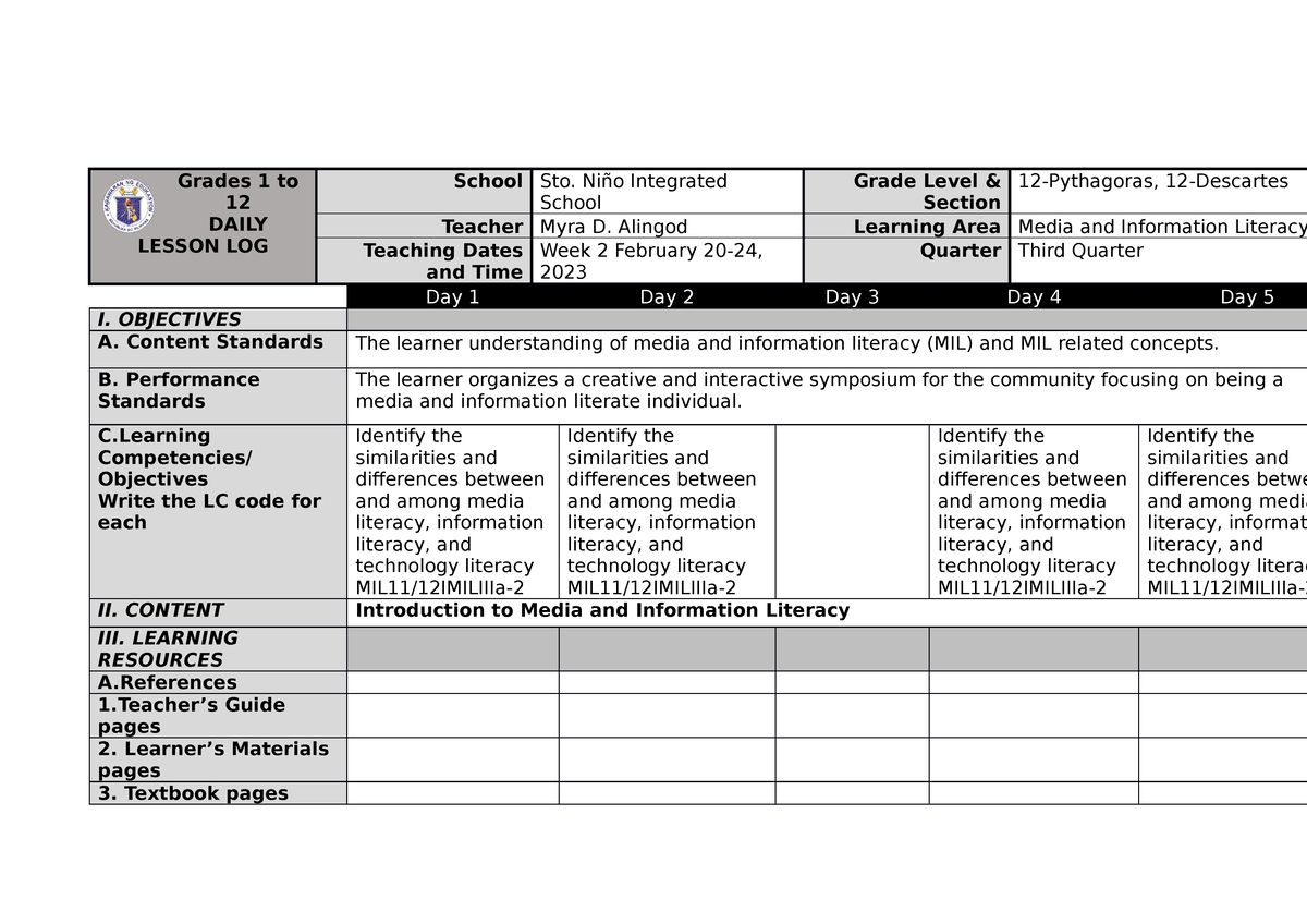 Week 18 - lecture - Grades 1 to 12 DAILY LESSON LOG School Sto. Niño ...