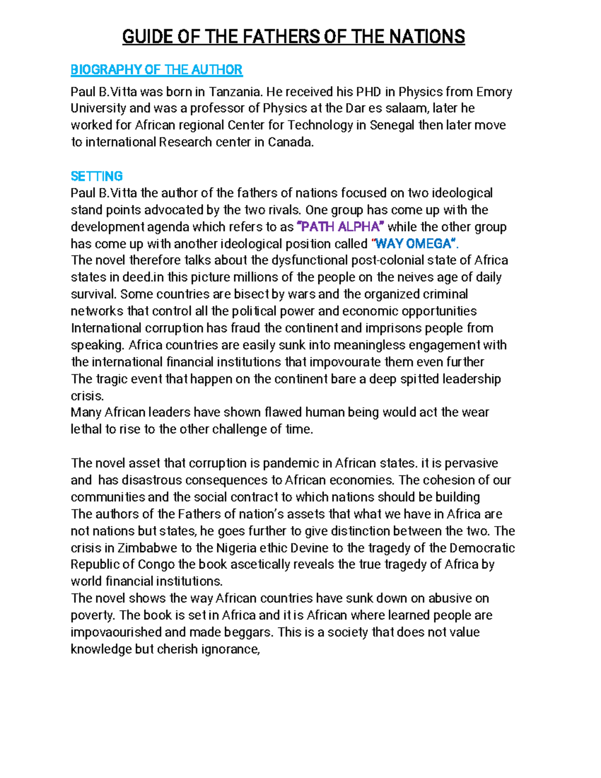 Summery of fathers of nation new secondary set book - GUIDE OF THE ...