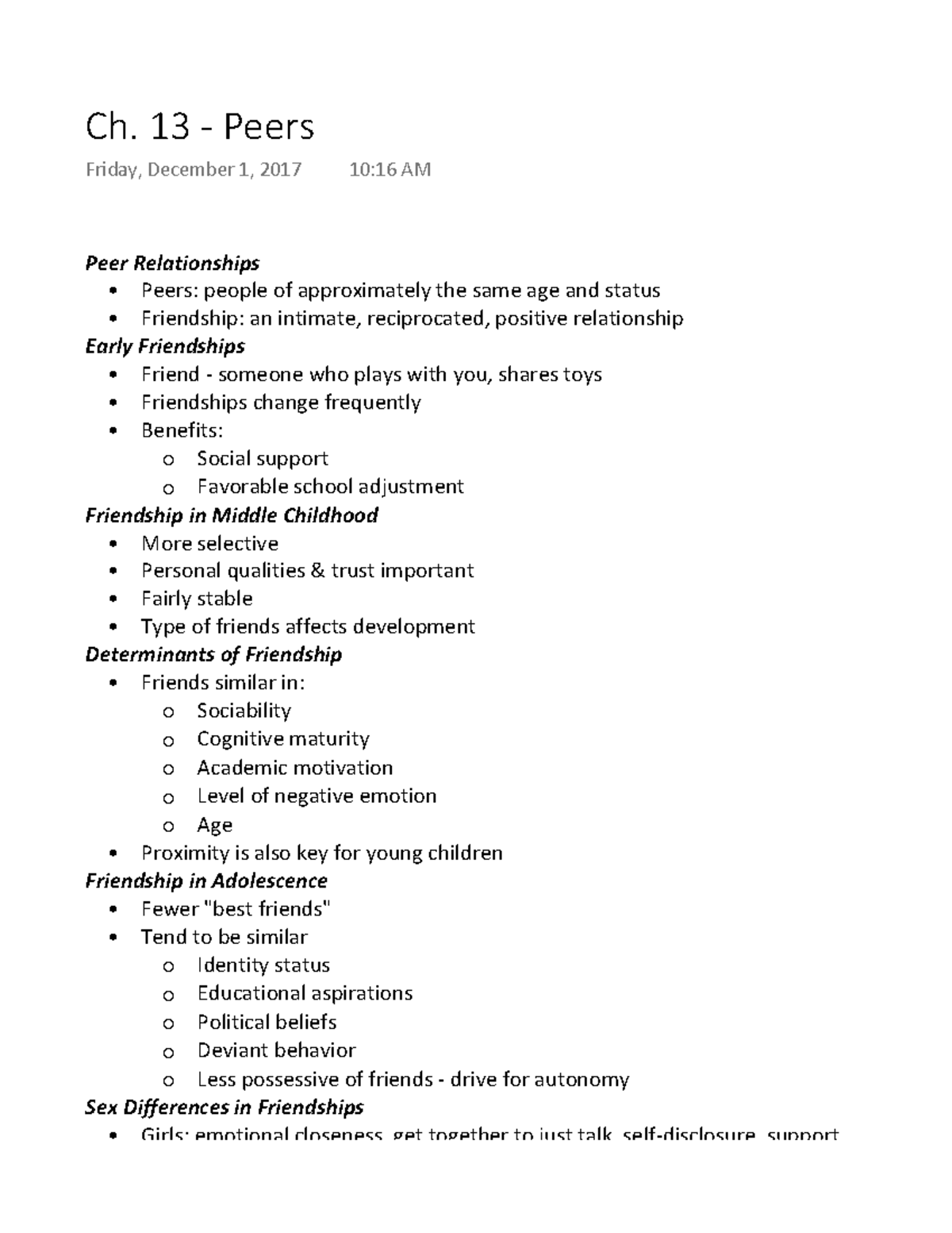 Ch. 13 Peers Notes from Dr. Guy's developmental psychology class