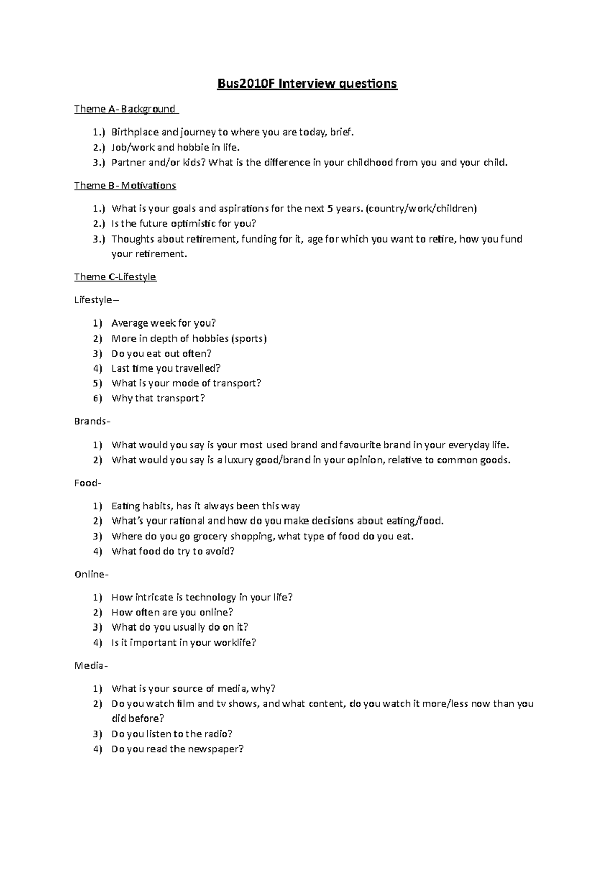 BUS2010 F Interview Questions - Bus2010F Interview questions Theme A ...