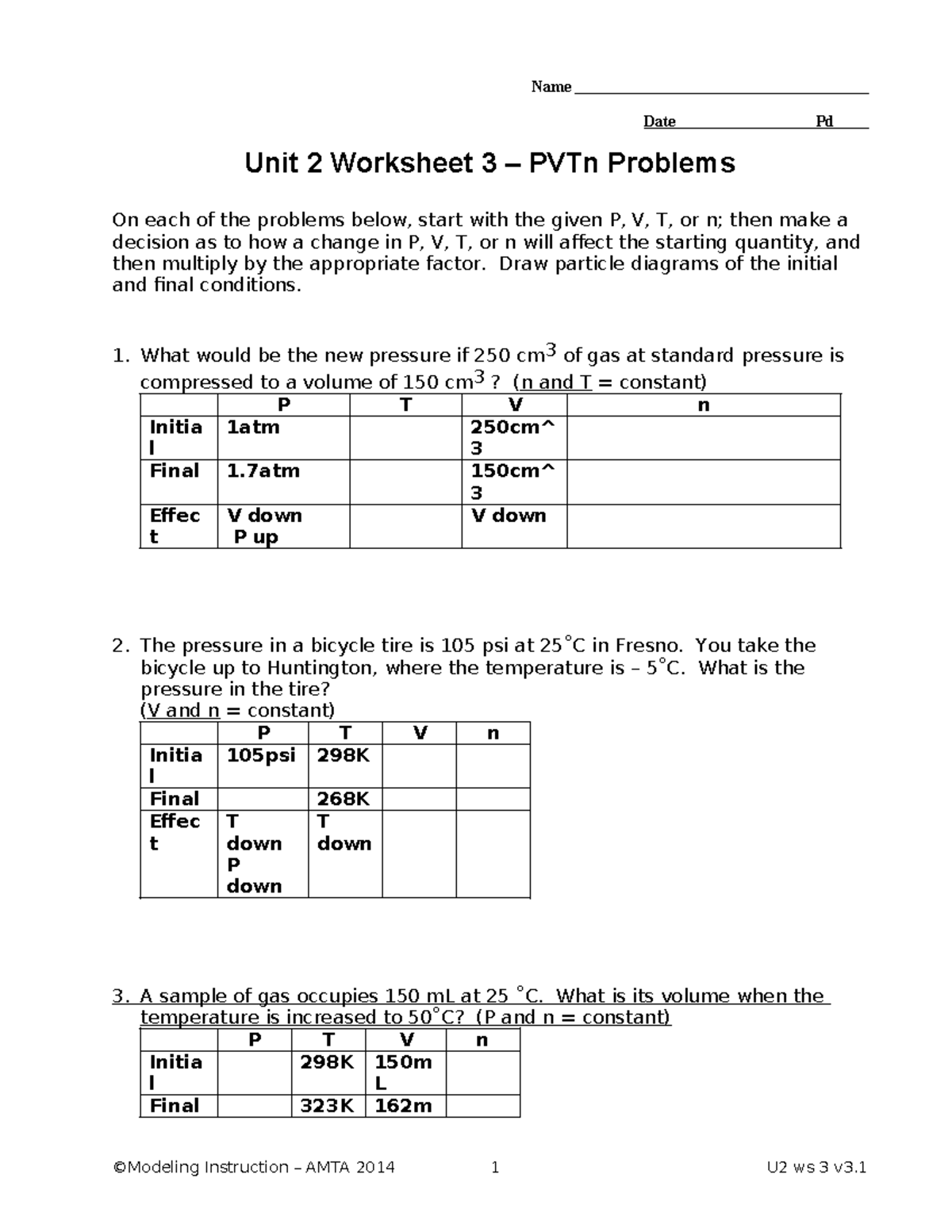 04 ws 31 for chem Name Date Pd Unit 2 Worksheet 3 PVTn Problems On each of the problems
