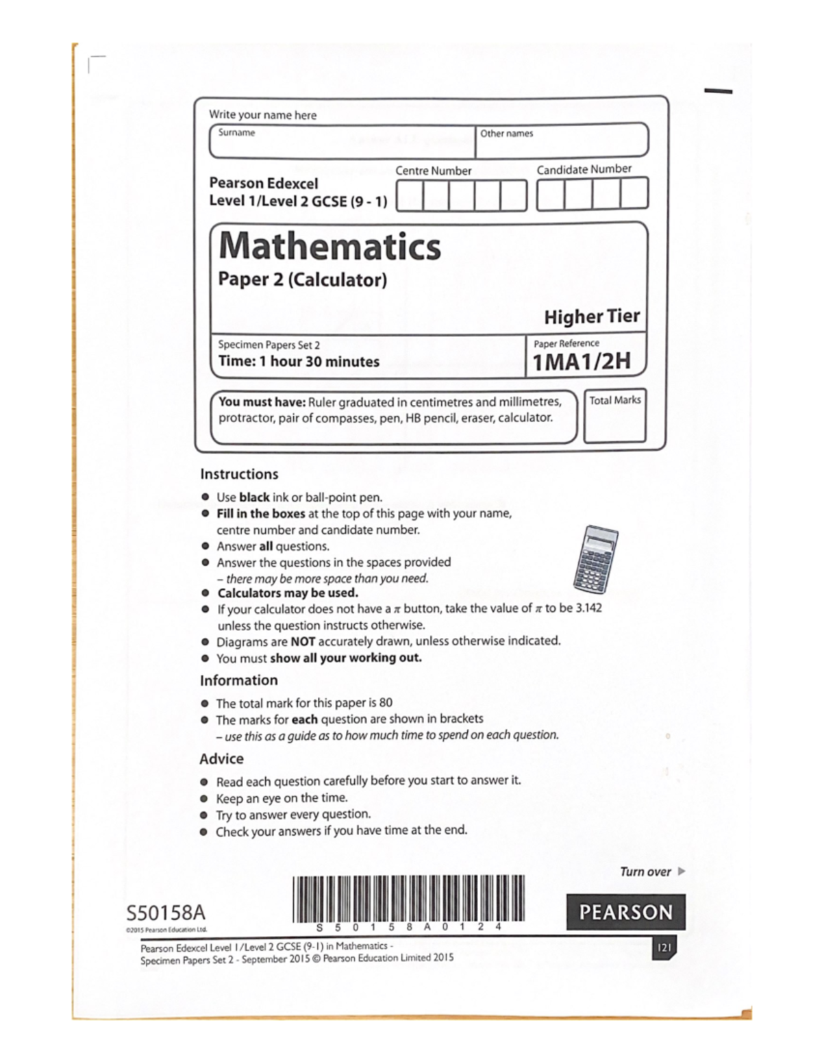 Edexcel Maths Specimen Set 2 Paper 2 H - Math - Studocu