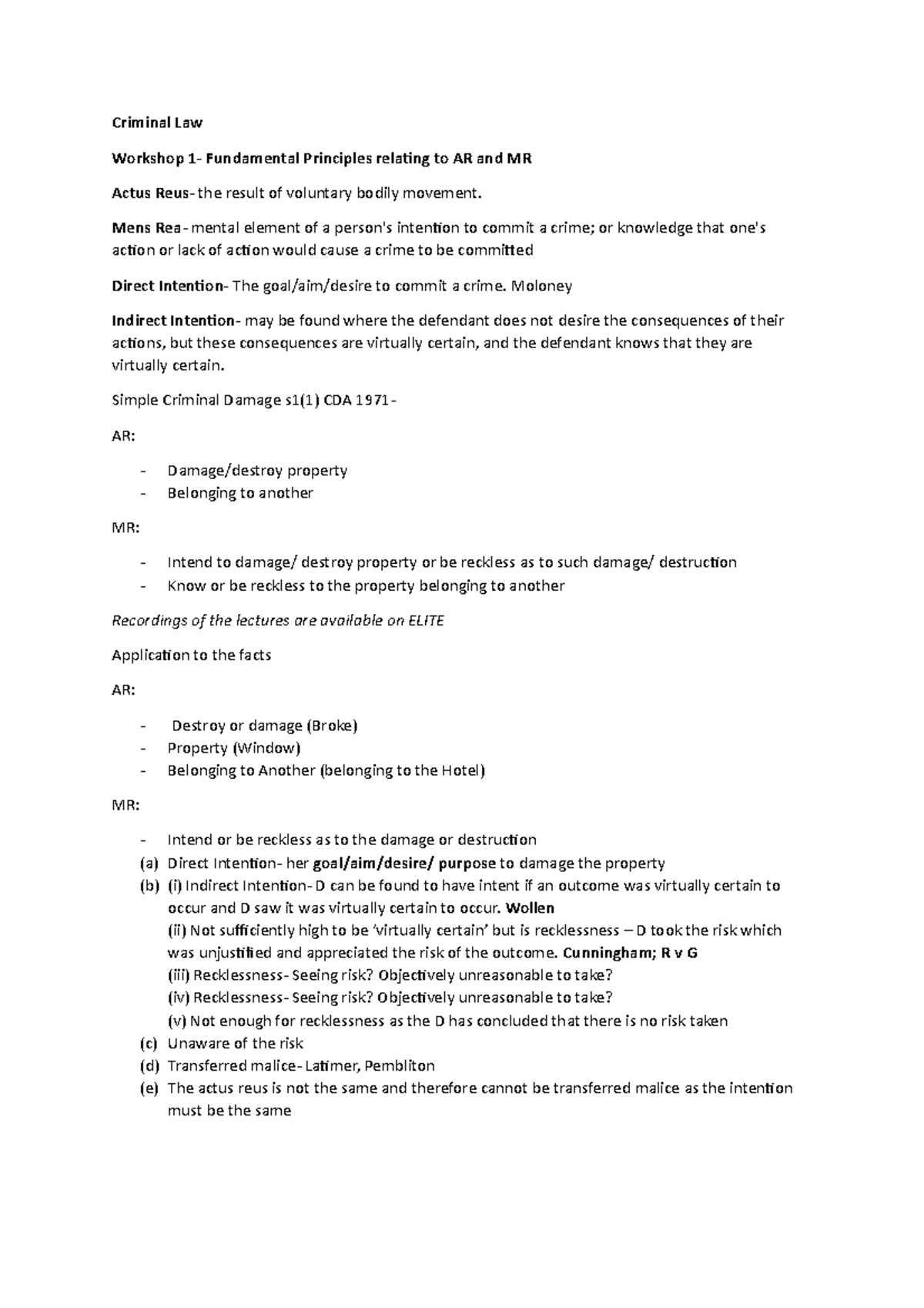 Workshop 1 notes - Criminal Law Workshop 1- Fundamental Principles ...