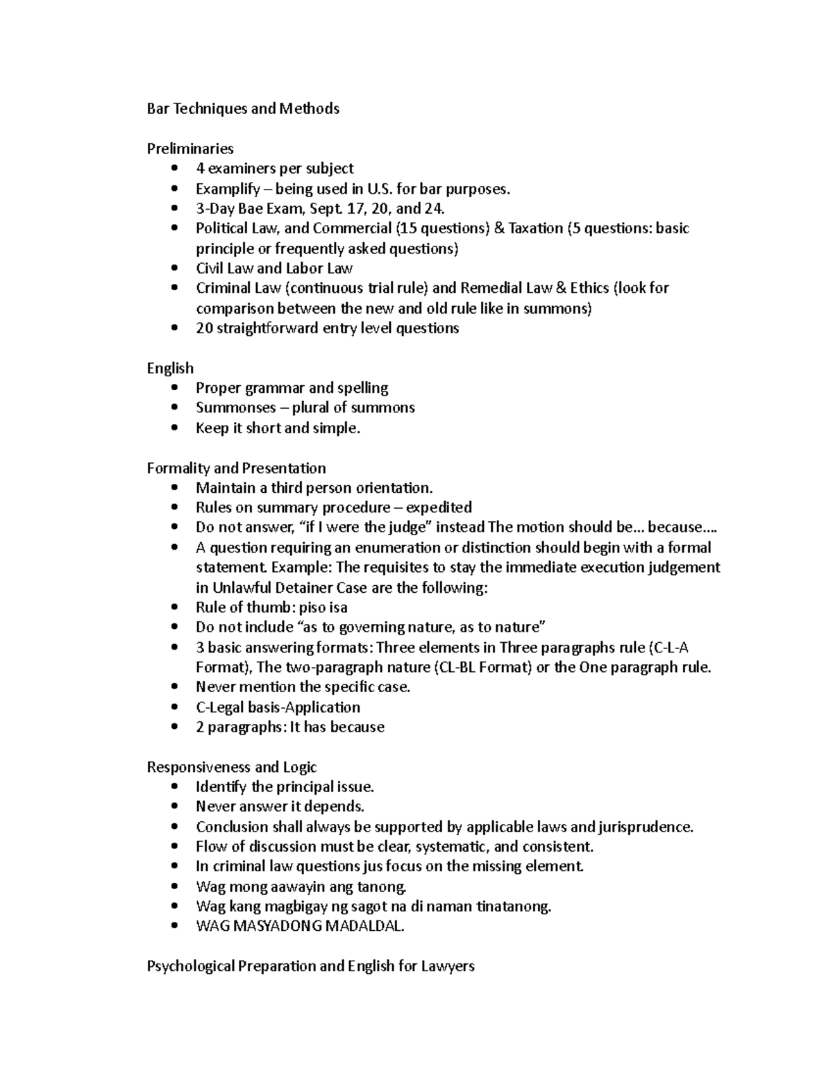 BAR Techniques AND Methods Bar Techniques and Methods Preliminaries 4