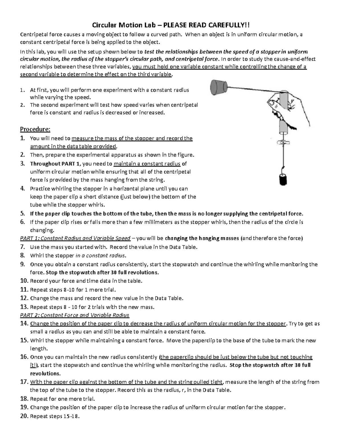 Circular Motion lab for Physics 2016 Spring Circular Motion Lab