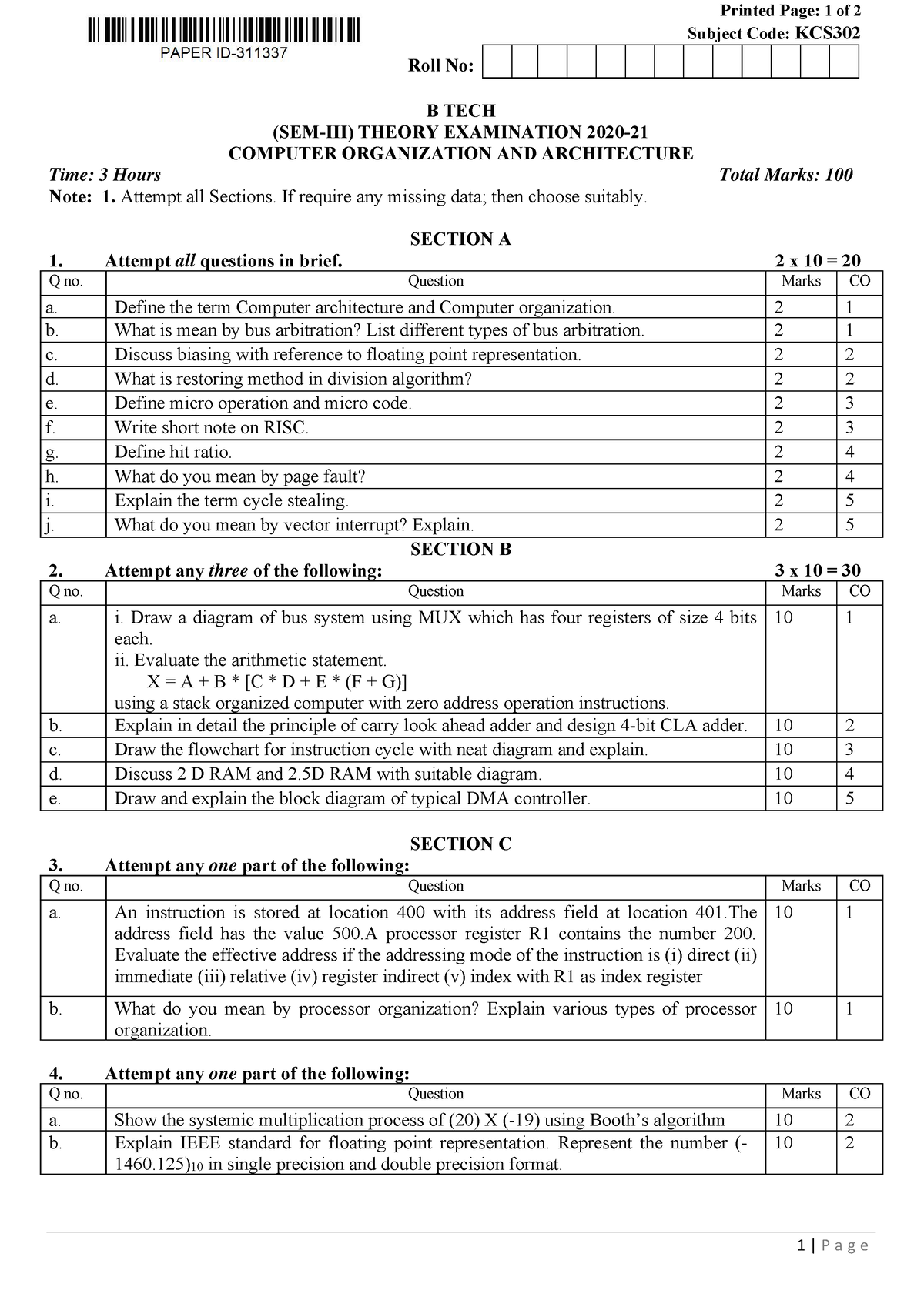 Btech cs 3 sem computer organization and architecture kcs302 2021 ...