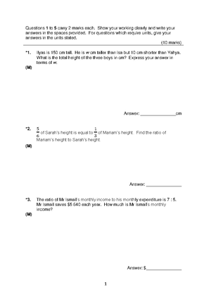 P6 F Math Paper 1 - notes - Questions 1 to 10 carry 1 mark each ...