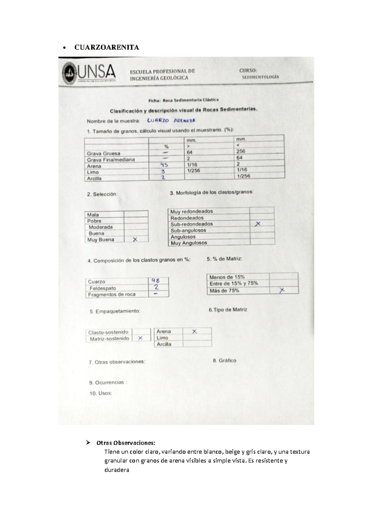 Cuarzoarenita muestra GEOLOGIA • CUARZOARENITA Otras