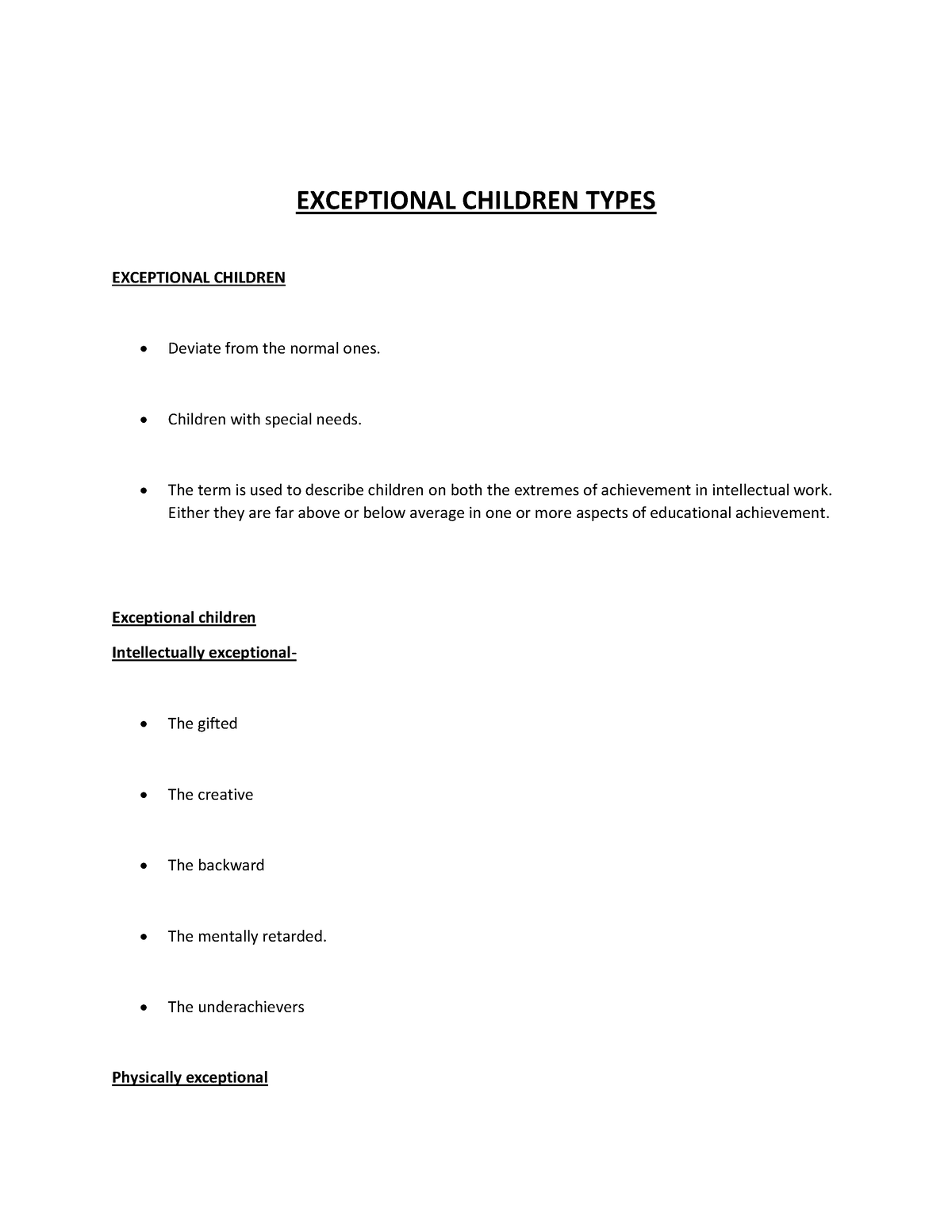 Exceptional Children Types - EXCEPTIONAL CHILDREN TYPES EXCEPTIONAL ...