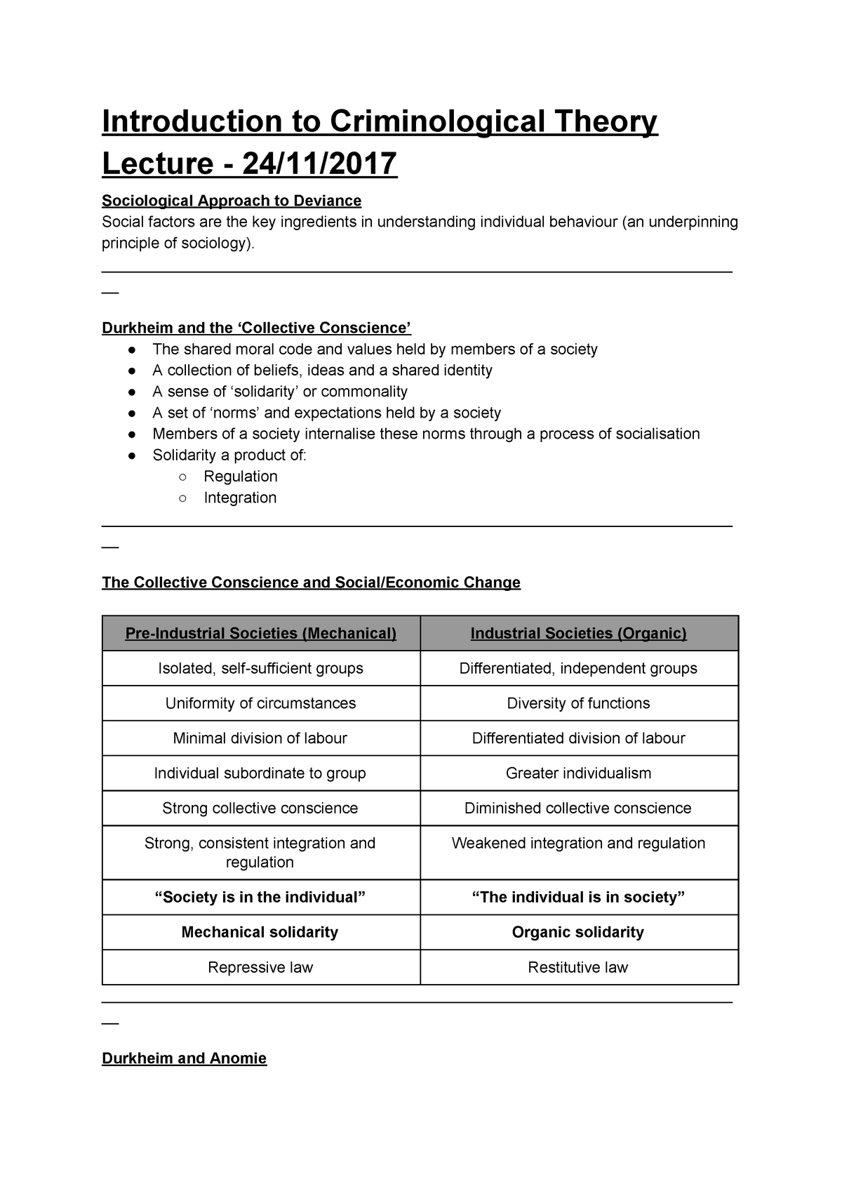 Criminological Theory Lecture - Collective Conscience - Introduction To ...