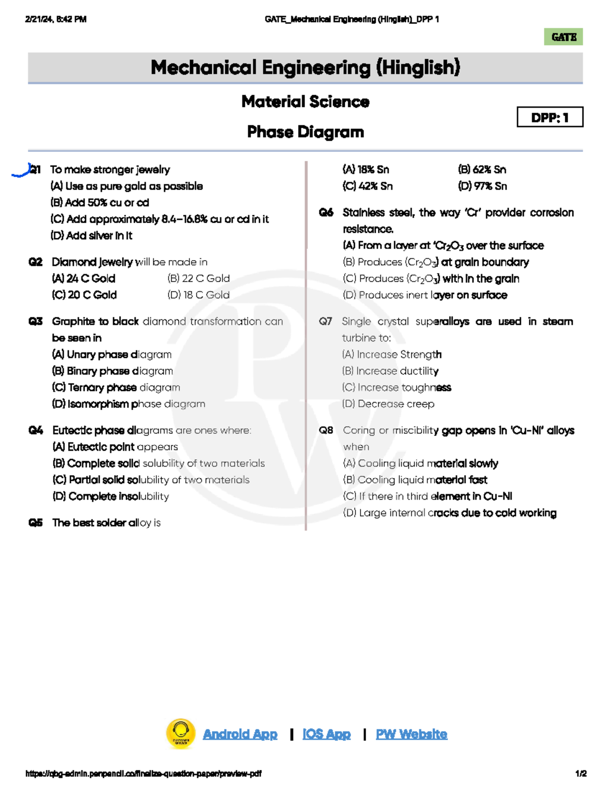 Phase Diagram DPP 01 - question - 8:42 PM GATE_Mechanical Engineering ...