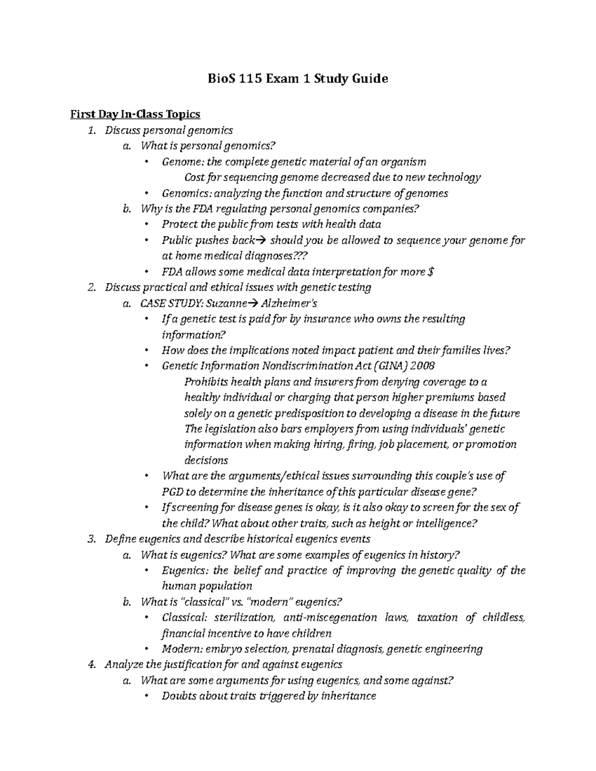 Bio Exam 1 Study Guide - BioS 115 Exam 1 Study Guide First Day Topics 1 ...