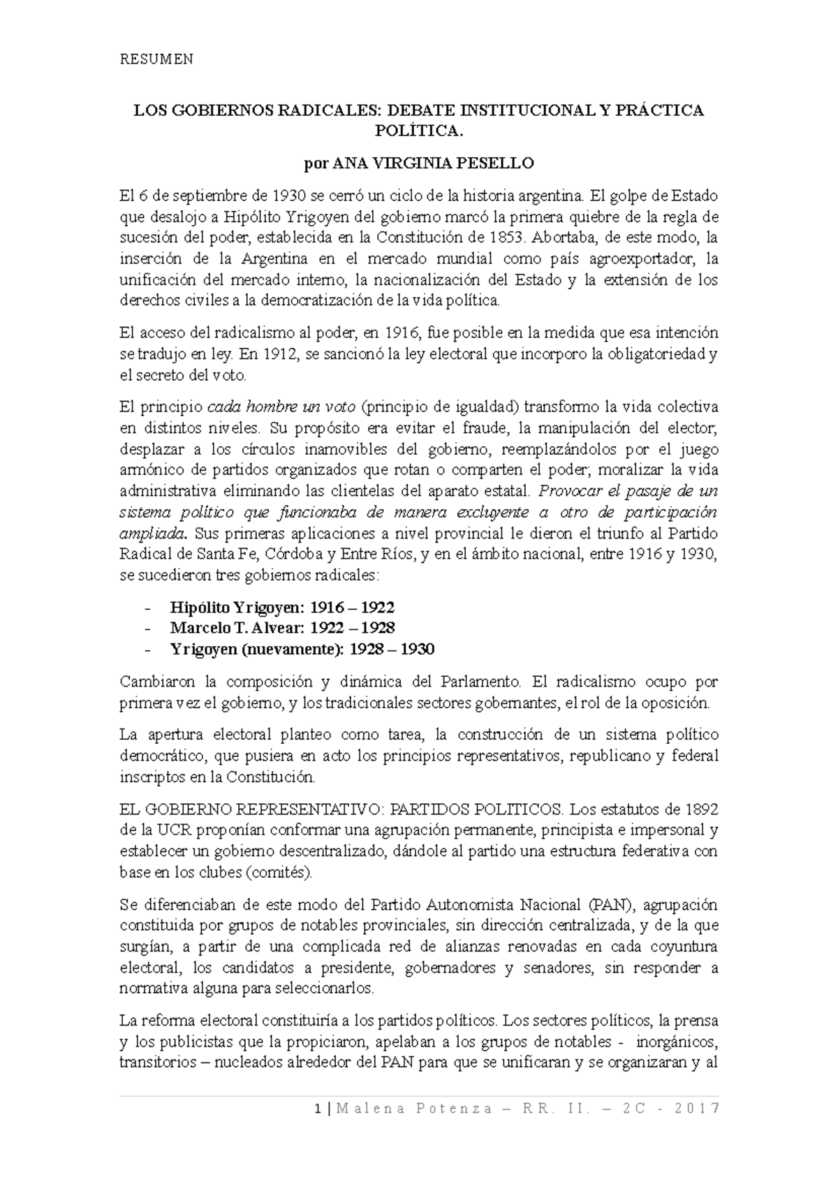 Persello Los Gobiernos Radicales Resumen Los Gobiernos Radicales Debate Institucional Y Por Ana Studocu