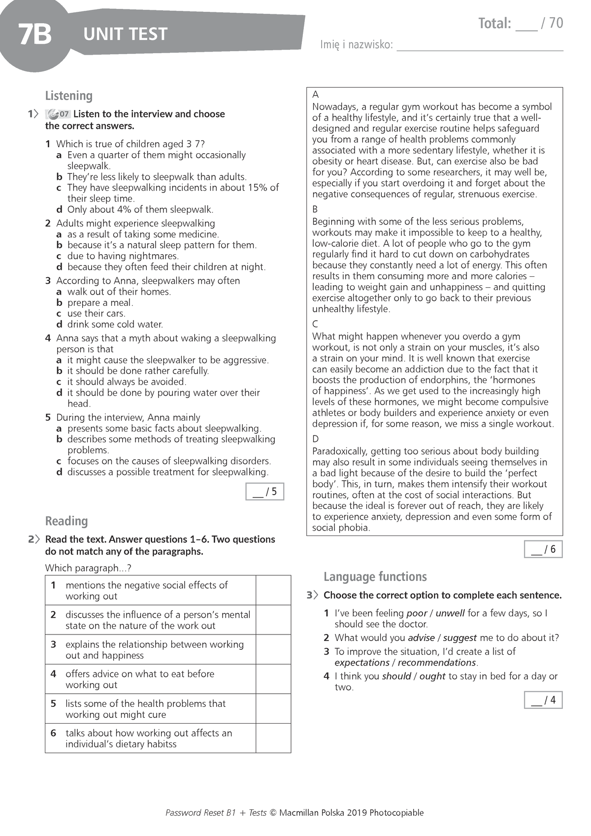 Pass Res B1plus UT 7B - Spr Z Działu 7 B1 - Total: ___ / 70 Imię I ...