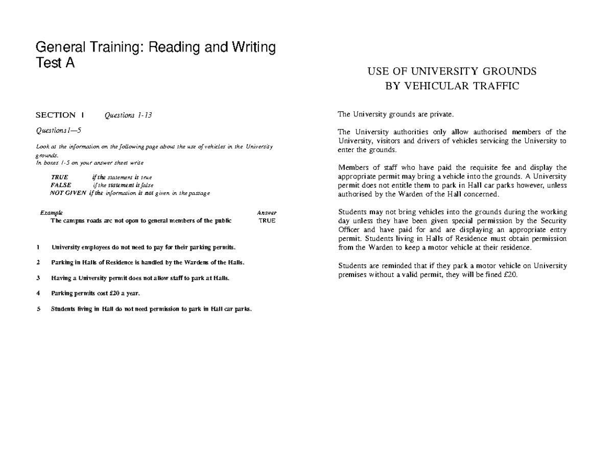 Reading General 2 General Training Reading and Writing Test A