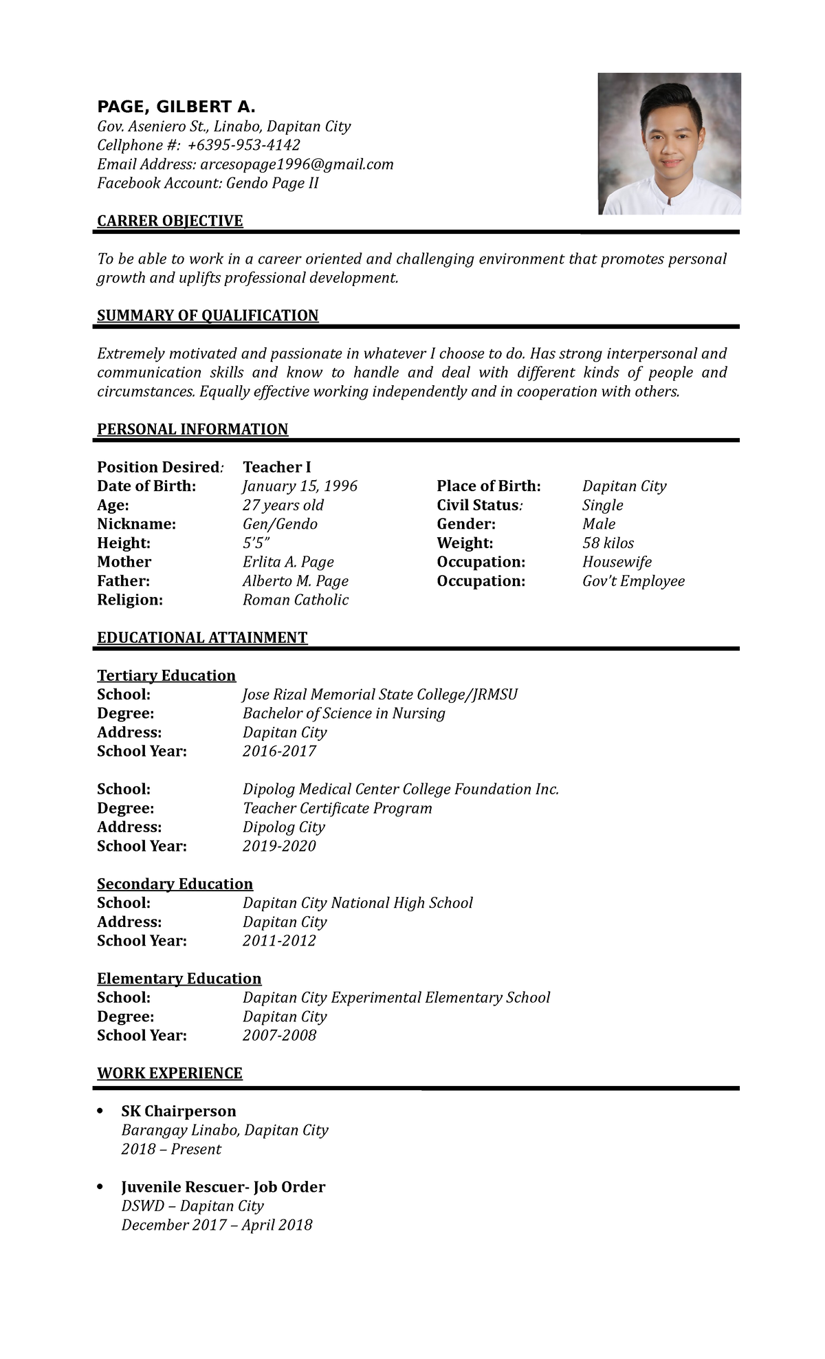 Resume - PAGE, GILBERT A. Gov. Aseniero St., Linabo, Dapitan City ...