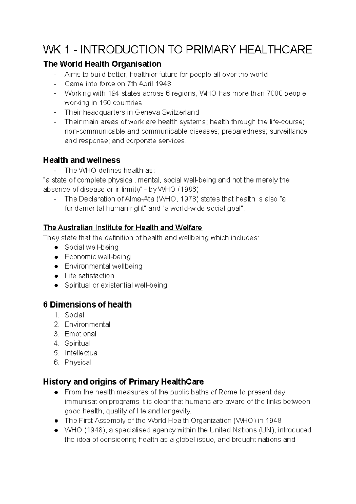 Primary Healthcare Notes - Weeks 1 To 4 Notes - WK 1 - INTRODUCTION TO ...