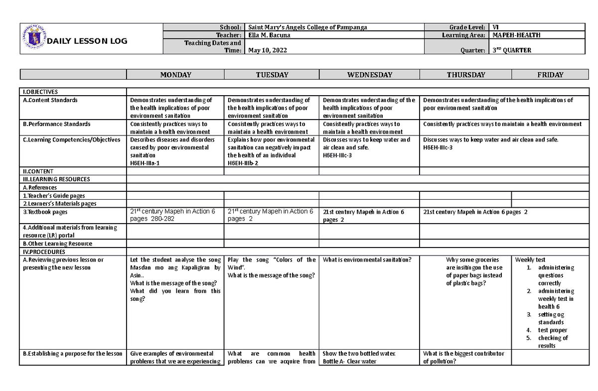 Ella Healthsaint marys angels college of pampanga - DAILY LESSON LOG ...