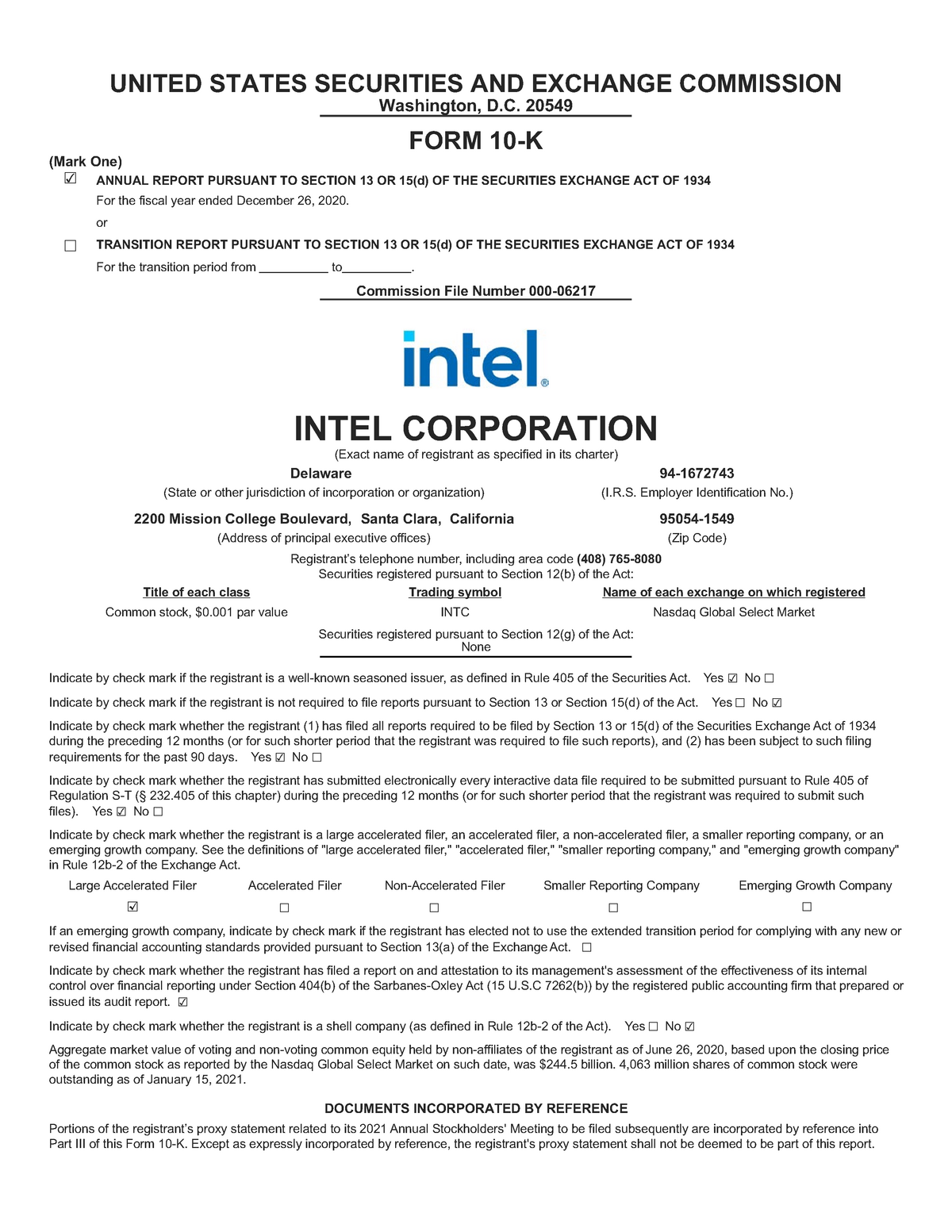 Intel annual report dfwfefw UNITED STATES SECURITIES AND EXCHANGE