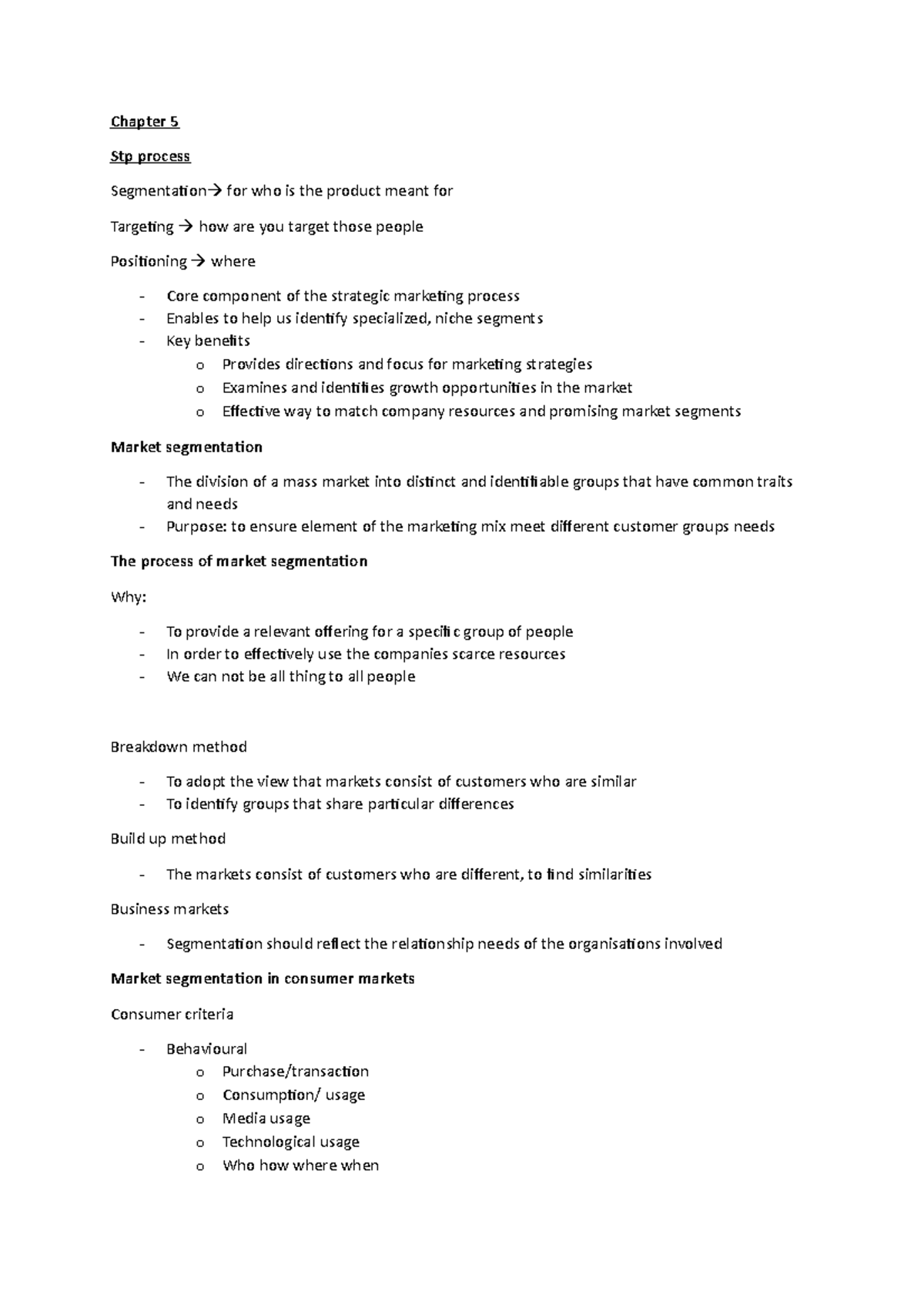 Chapter 5 - Marketing summary - Chapter 5 Stp process Segmentation for ...