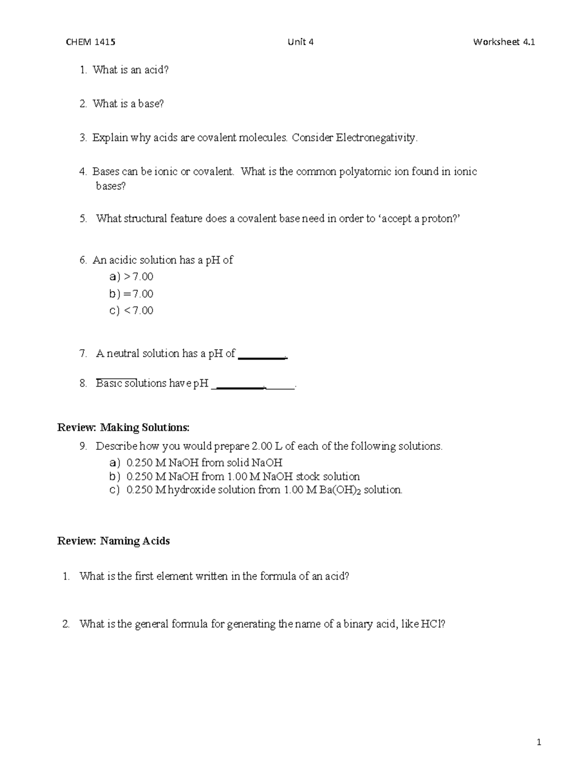 1415 Worksheet 4 - Learning Objective - 1. What is an acid? 2. What is ...