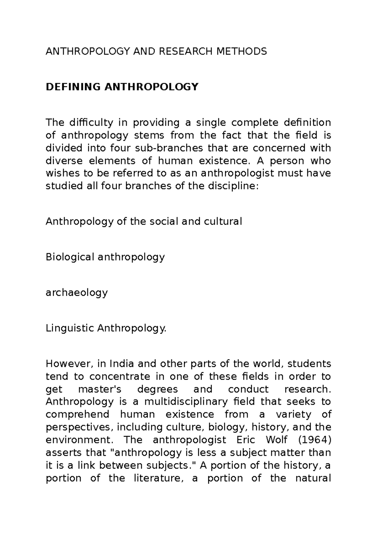 Anthropology AND Research Methods - AMU - Studocu