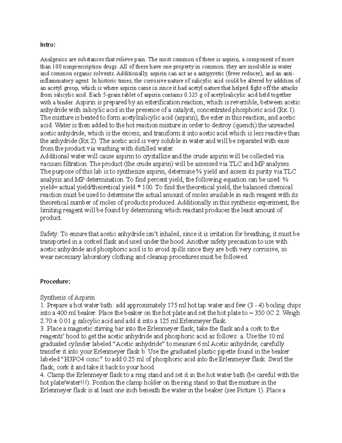 Synthesis of aspirin prelab - Intro: Analgesics are substances that ...