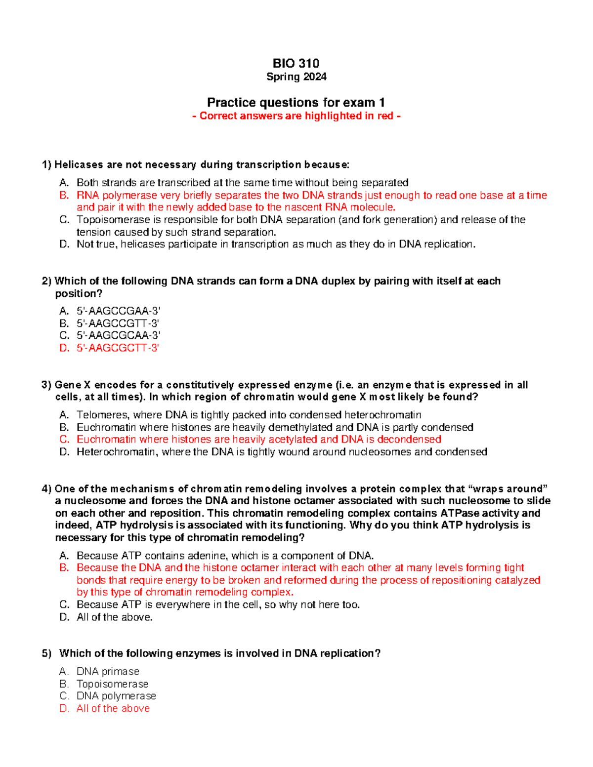 Keys to Practice exam 1 - BIO 310 Spring 2024 Practice questions for ...
