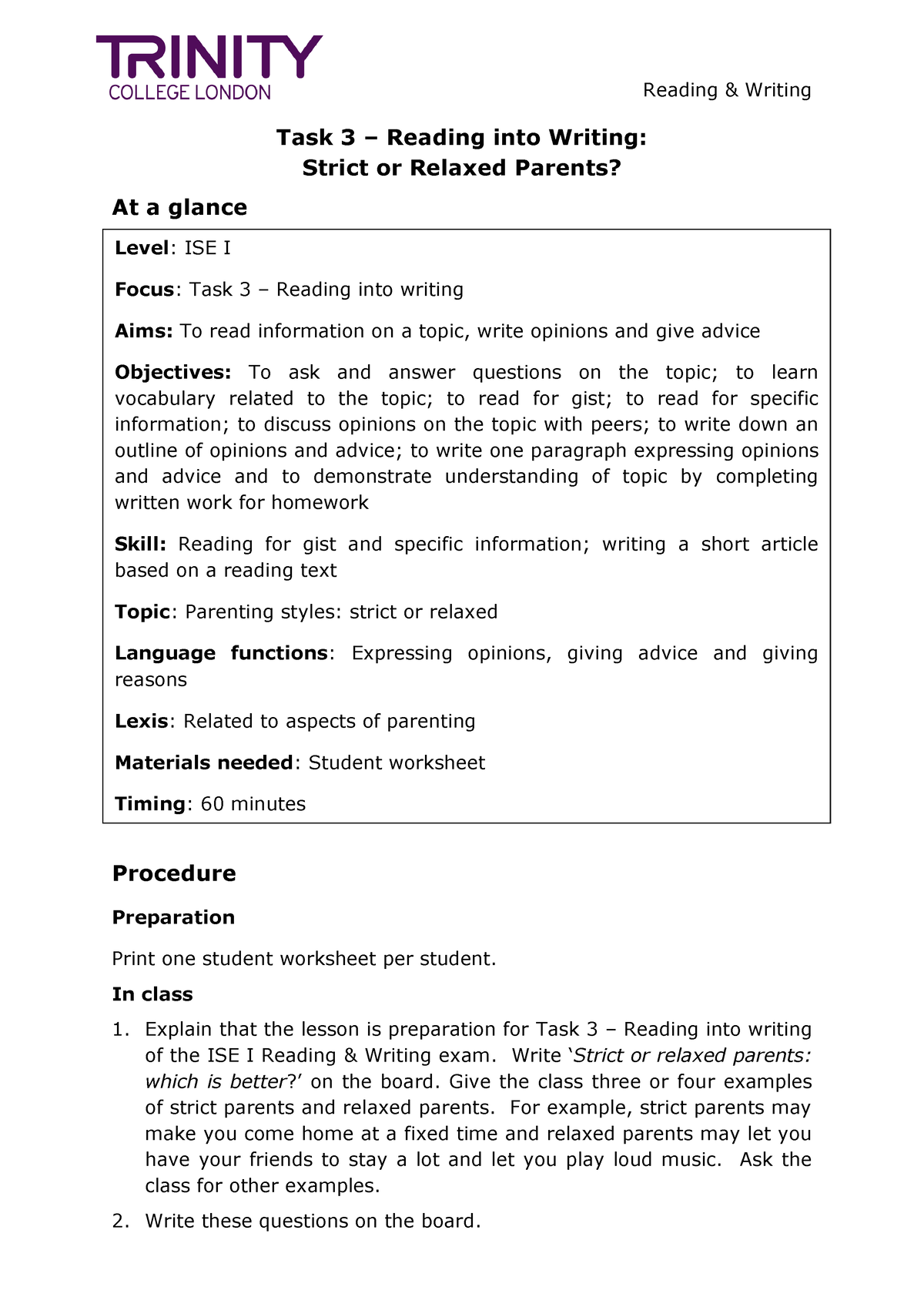 ISE I - Task 3 - Reading into writing - CA1 (Strict or relaxed parents ...
