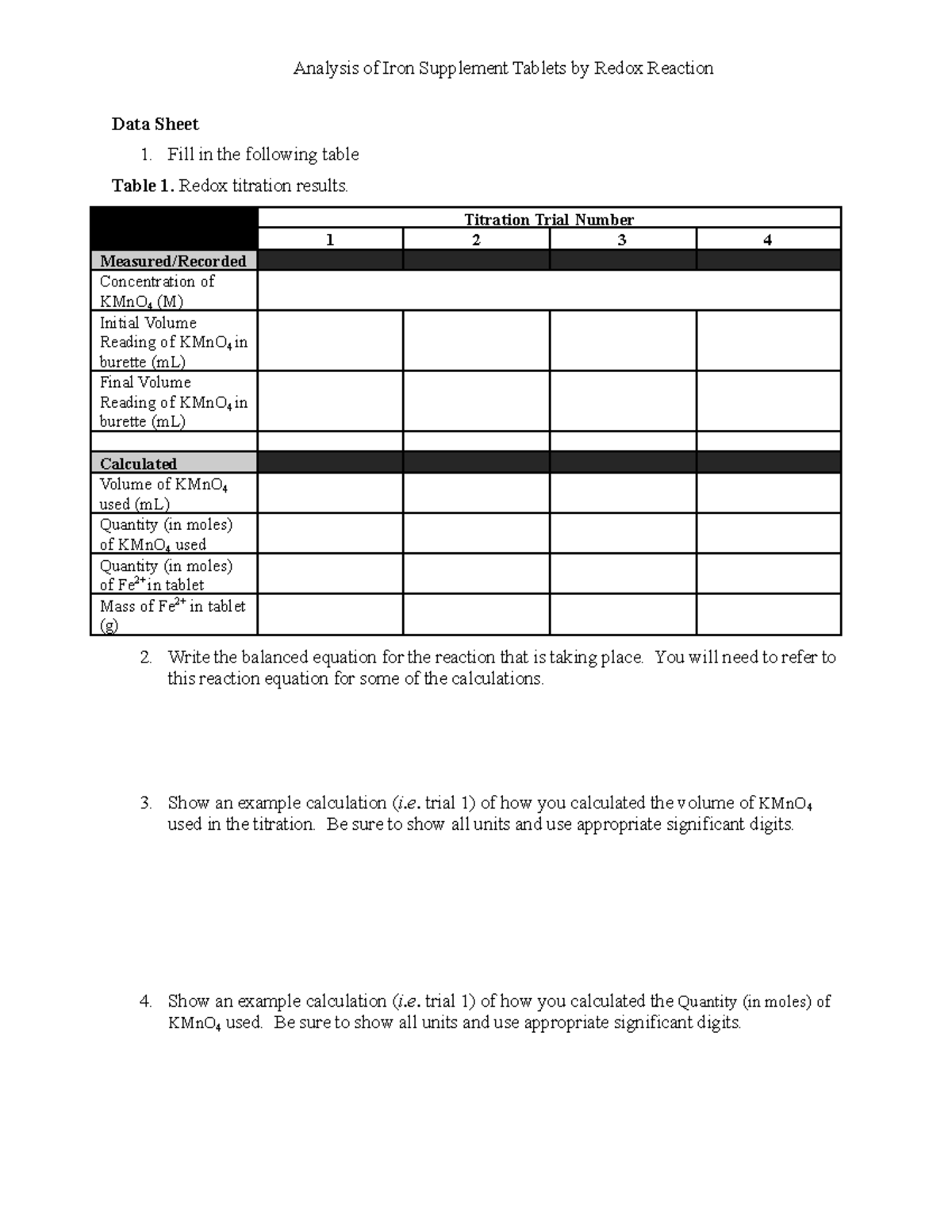 Redox Titration datasheet F2022 - Analysis of Iron Supplement Tablets ...