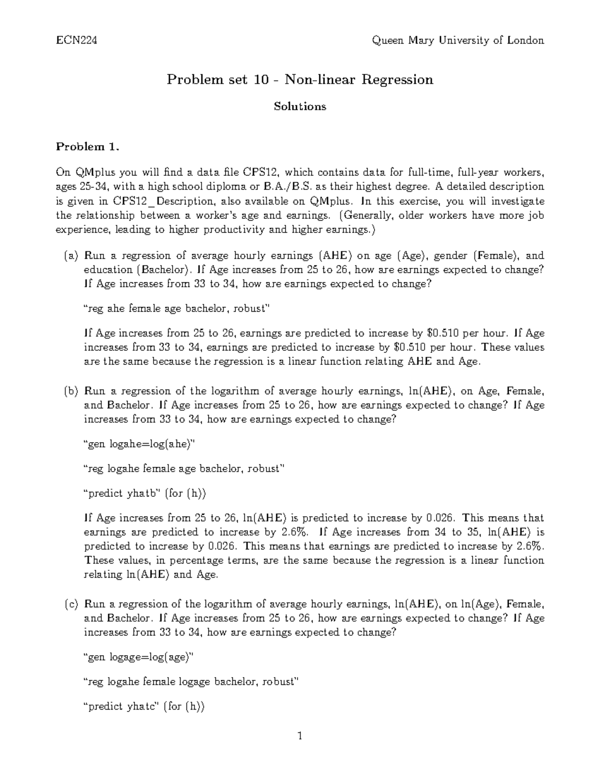 PS10 Solutions EconoMetrics - ECN224 Queen Mary University Of London ...