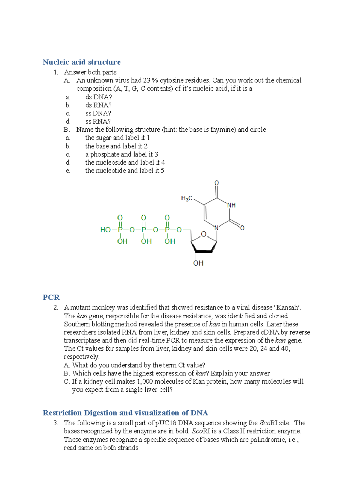 Sample/practice exam, questions lec 119 Nucleic acid structure 1