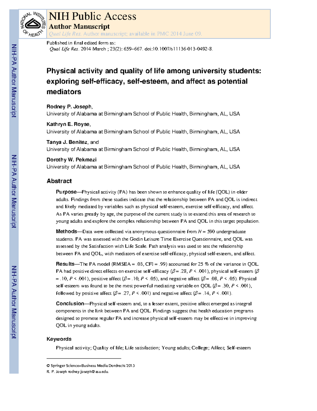 Physical activity and quality of life am - Joseph, University of ...