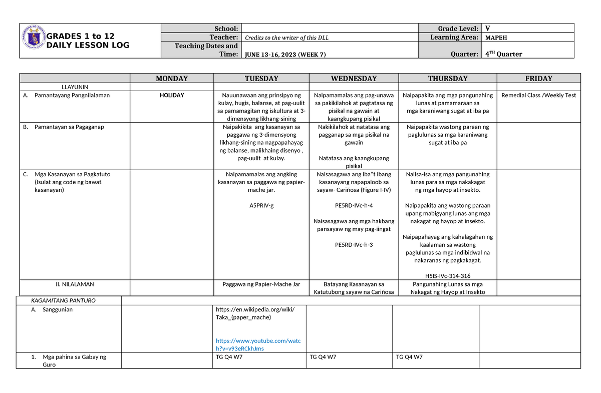 Grade 5 DLL Mapeh 5 Q4 Week 7 - GRADES 1 To 12 DAILY LESSON LOG School ...