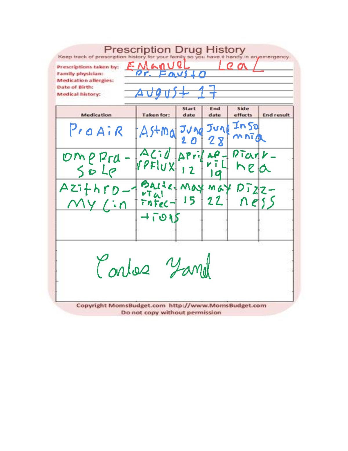 Ochoa Carlos Worsheet #5 unit 2 - Prescription Drug History Keep track ...